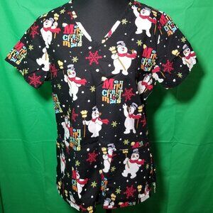 Frosty The Snowman Merry Christmas Medical Scrub Top Nurse Lab Women XS Holiday